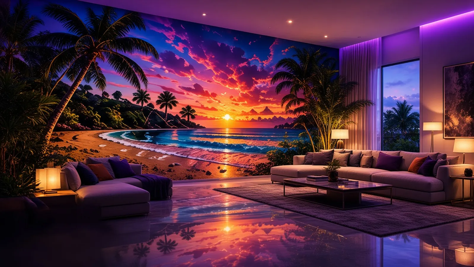 Living room with a floor-to-ceiling tropical sunset beach wall mural