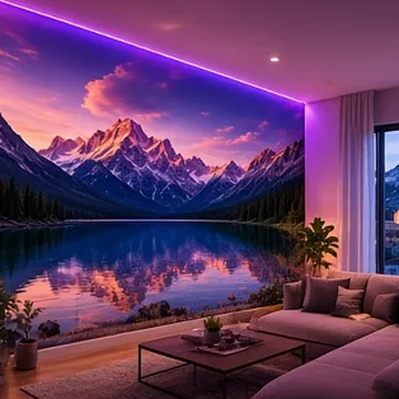 Mountain lake wall mural in a living room