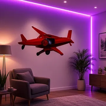 Red airplane wall graphic in a cozy room