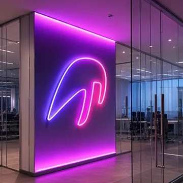 Office lobby with a branded wall graphic