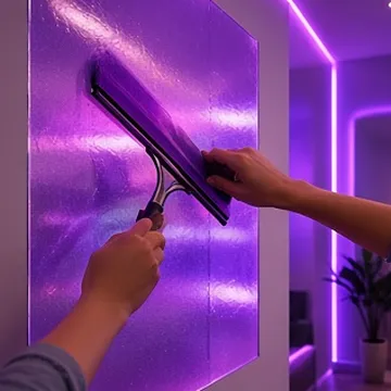 Squeegee smoothing a wall graphic panel